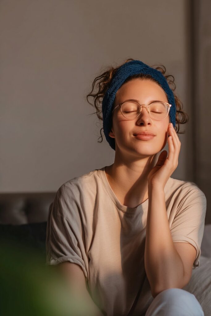 Woman applying skincare products with serene expression, illustrated with mood-enhancing icons showing how routine reduces stress and anxiety.