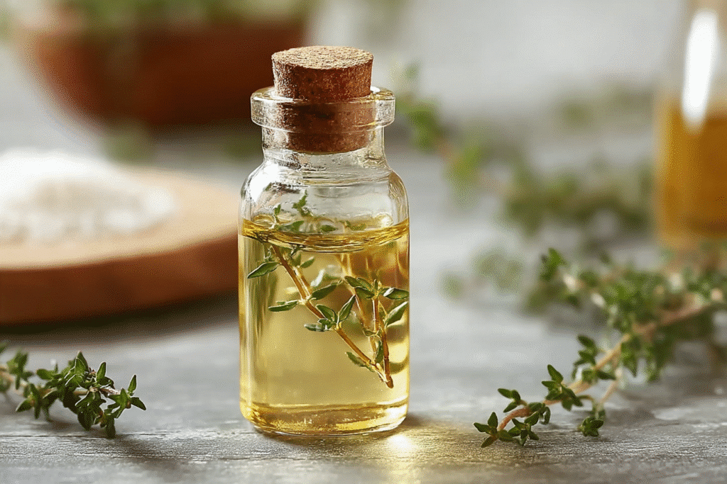 Essential oil bottle of thyme surrounded by fresh thyme sprigs with tiny leaves, known for supporting gut health.