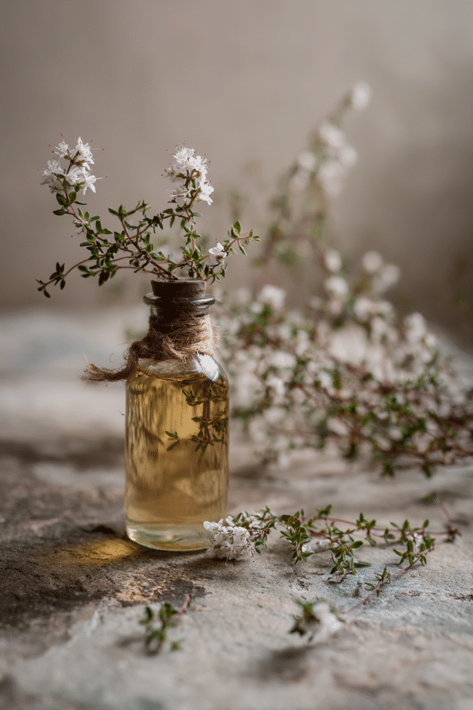 "Flat lay of a clear glass vial with floral label, surrounded by thyme branches on a rustic stone and cream background."