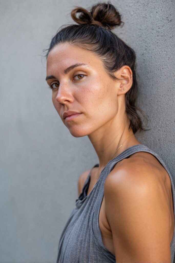 American woman with hair in sleek tight top knot, sporty tank top, minimalist summer style, gray backdrop.