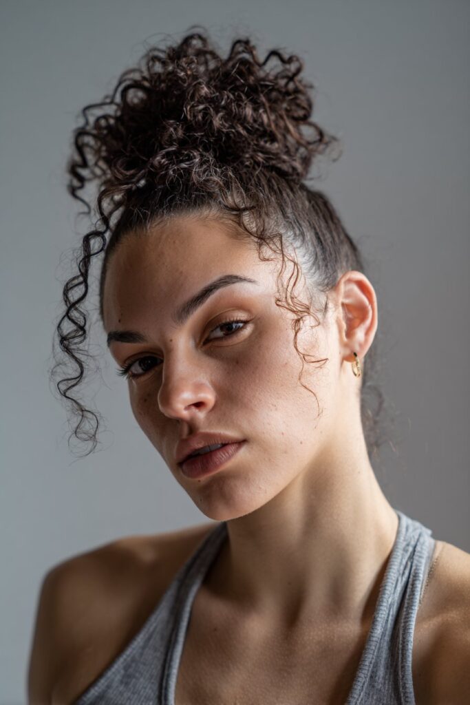 American woman with curly hair in tight top knot bun, hip-hop dance outfit, bold styling, gray backdrop.