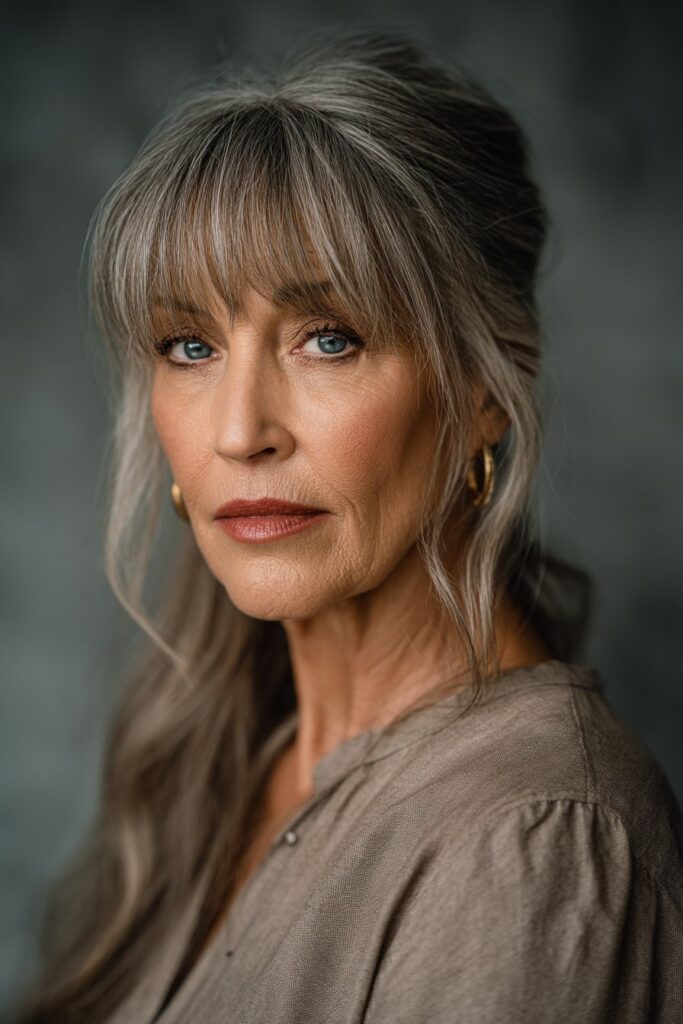 "Professional portrait of confident 50+ woman with thick, tousled bob hairstyle against white backdrop in soft lighting."