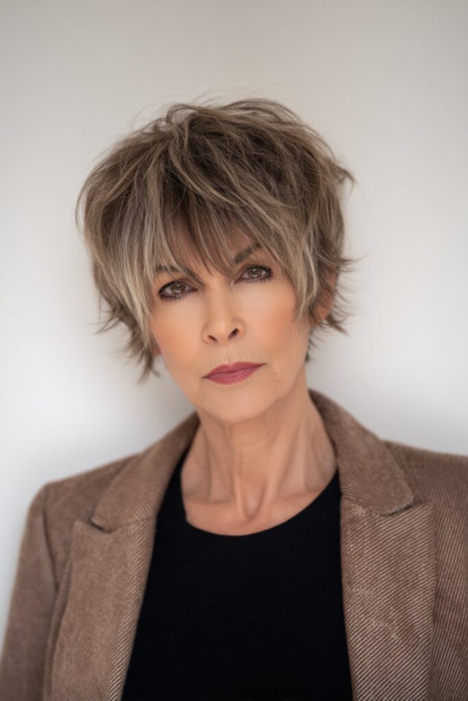 "Clean studio portrait of confident mature woman with tousled shag and baby bangs against white wall."