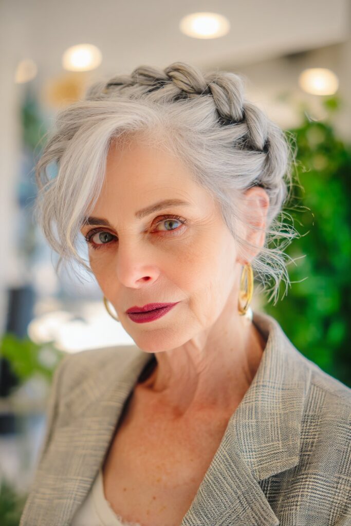Indoor portrait of tousled silver bob with braided accents in natural setting with greenery and lighting.