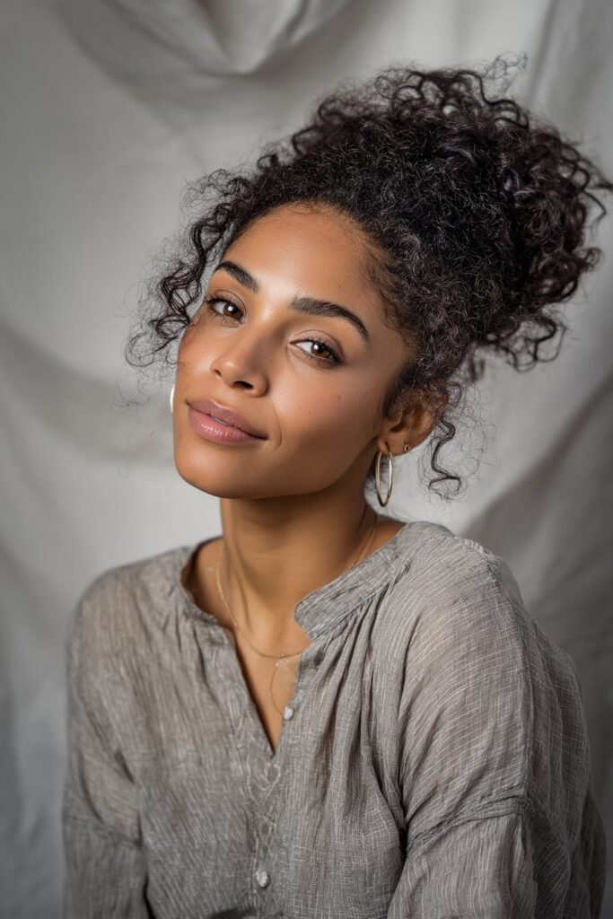 Beauty portrait of a woman with twist-out curls hairstyle against soft gray fabric, showcasing natural hair texture.