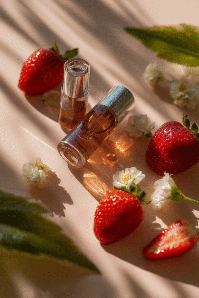 "Flat lay of an open skin anatomy diagram, glass serum bottles with floral labels, cut fruits, and leafy greens on a pastel beige and white background."