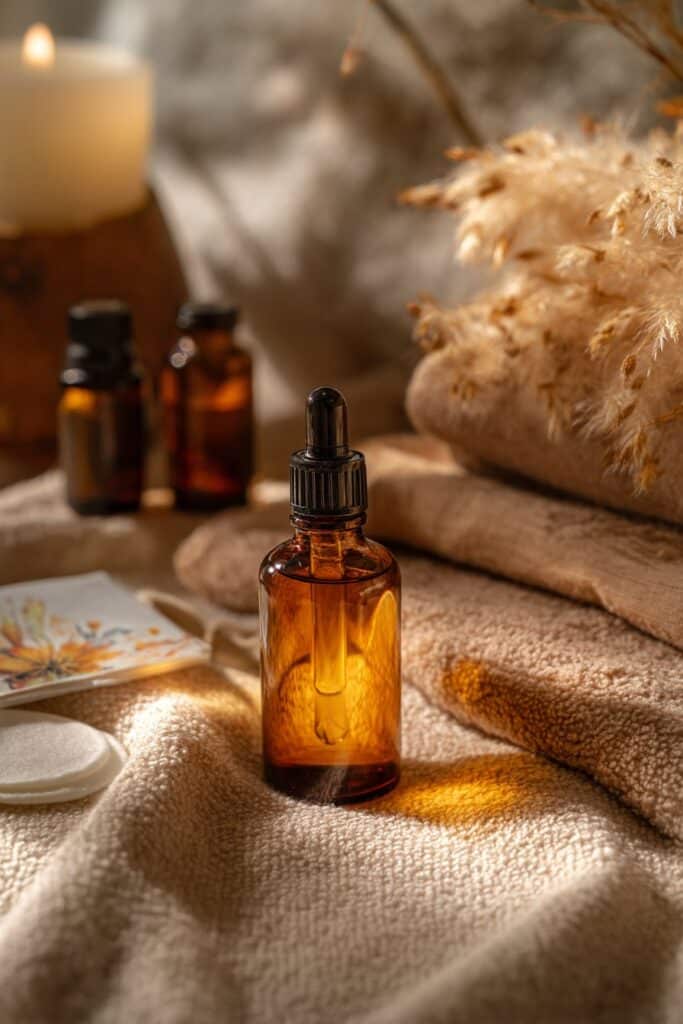 Professional flat lay of essential oil bottles with floral labels beside facial mapping chart, dropper, and cotton pads on beige background