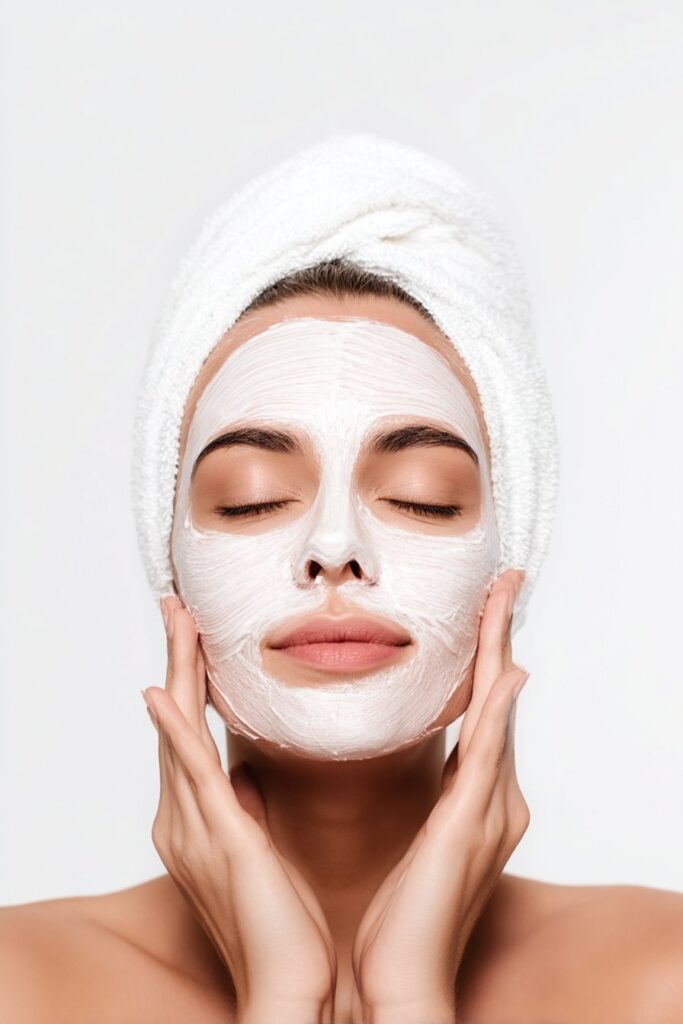 Woman applying clear overnight mask to face before bed, showing specialized intensive nighttime treatment.