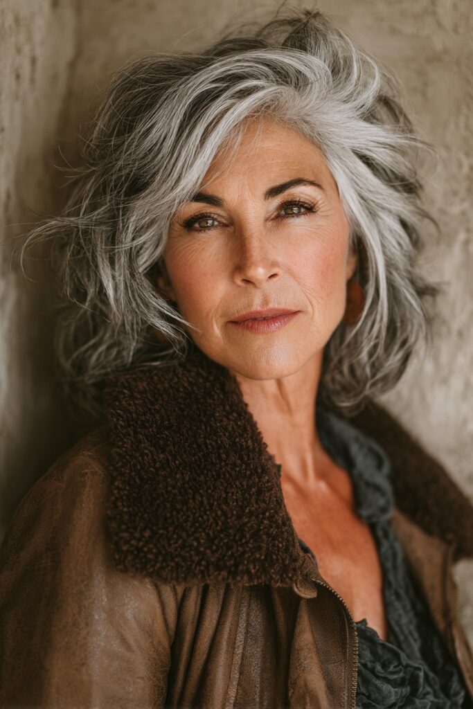 "Stylish beauty shot of mature American woman with voluminous shag hairstyle against textured plaster background."