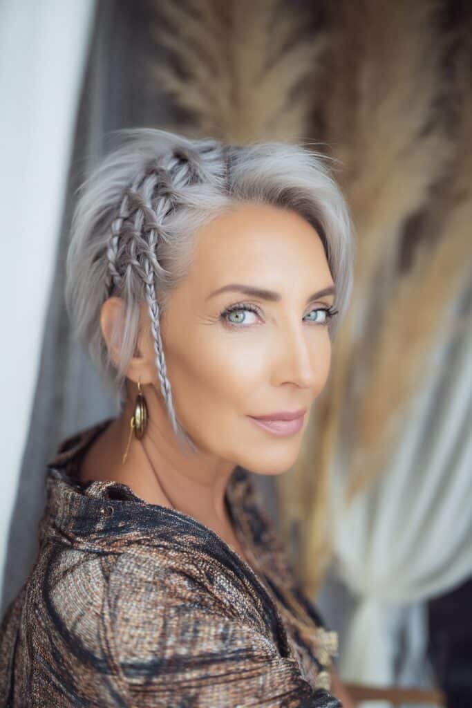 Boho interior portrait showcasing volumized pixie bob with braided accents and neutral textured background with curtains.
