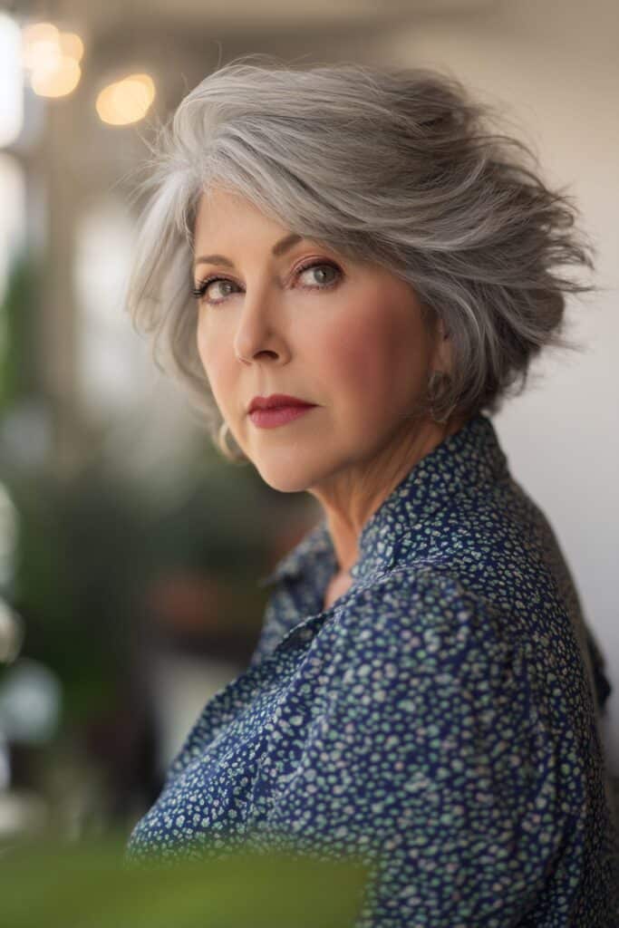 "Natural indoor portrait of mature woman with voluminous shaggy bob surrounded by greenery and soft lighting."