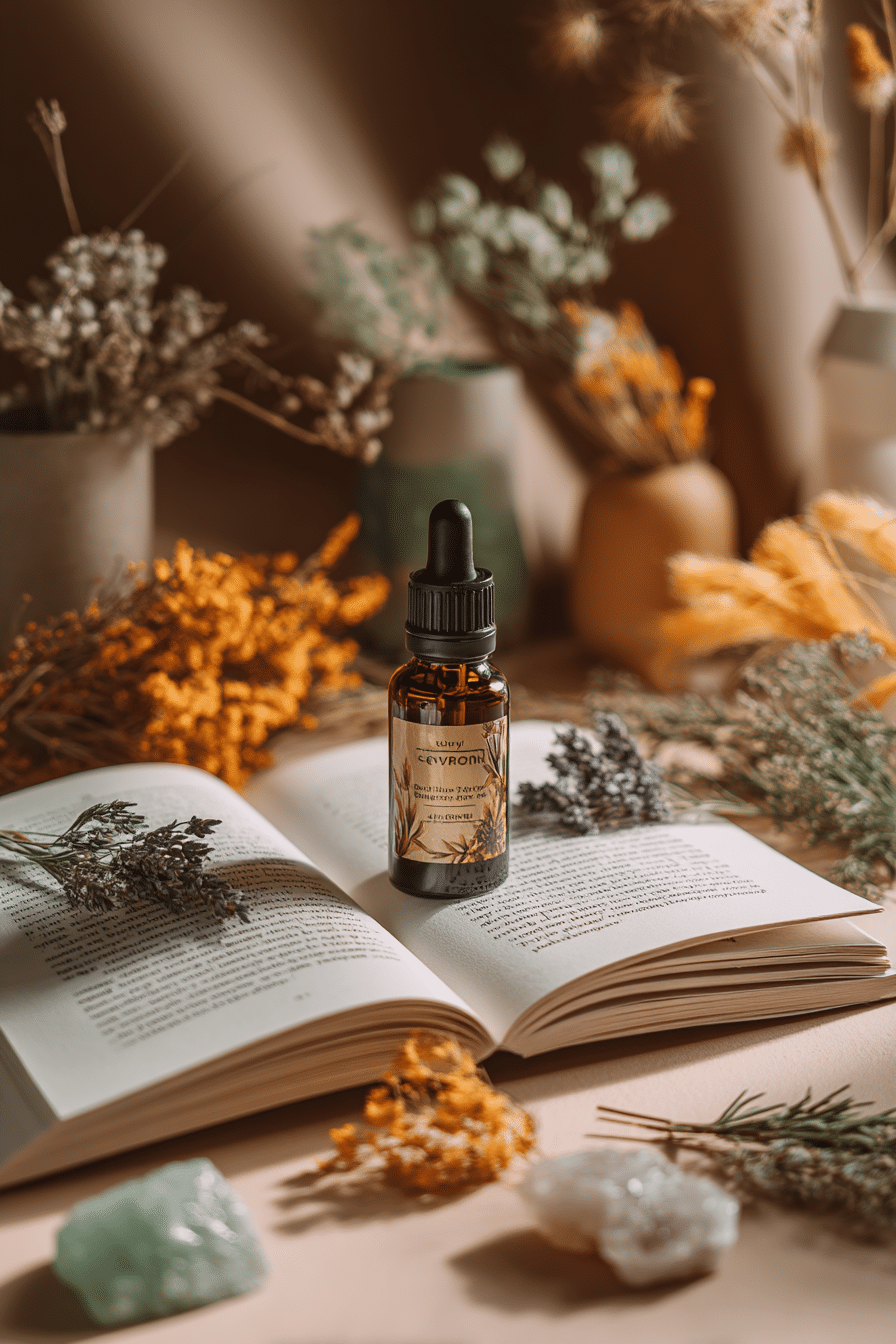 "Flat lay of an open journal, amber glass dropper bottle with floral label, surrounded by essential oils, fresh herbs, and crystals on a neutral green background."