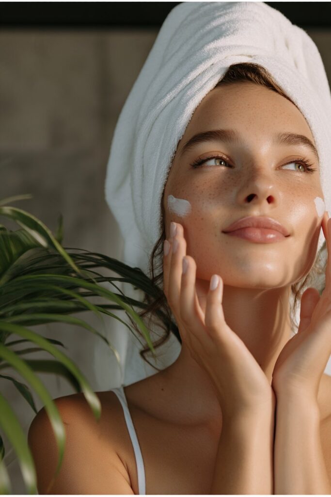 Split image showing facial skincare with connecting lines to brain chemistry and emotional wellbeing, illustrating holistic benefits.