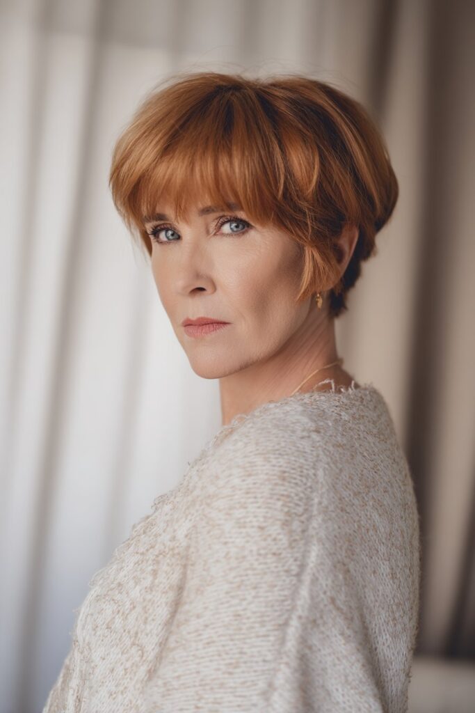"Elegant boho portrait of 50+ woman with wispy-fringed midi haircut in neutral textured interior setting."