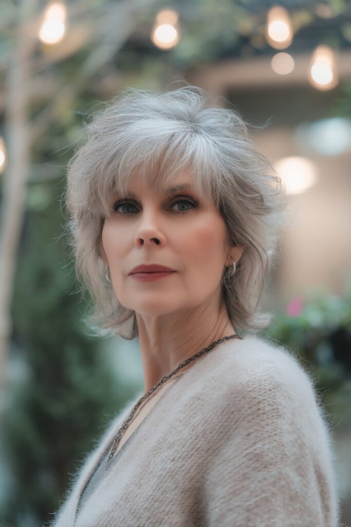 "Natural beauty photo of 50+ woman with wispy side-banged shag in indoor setting with greenery."