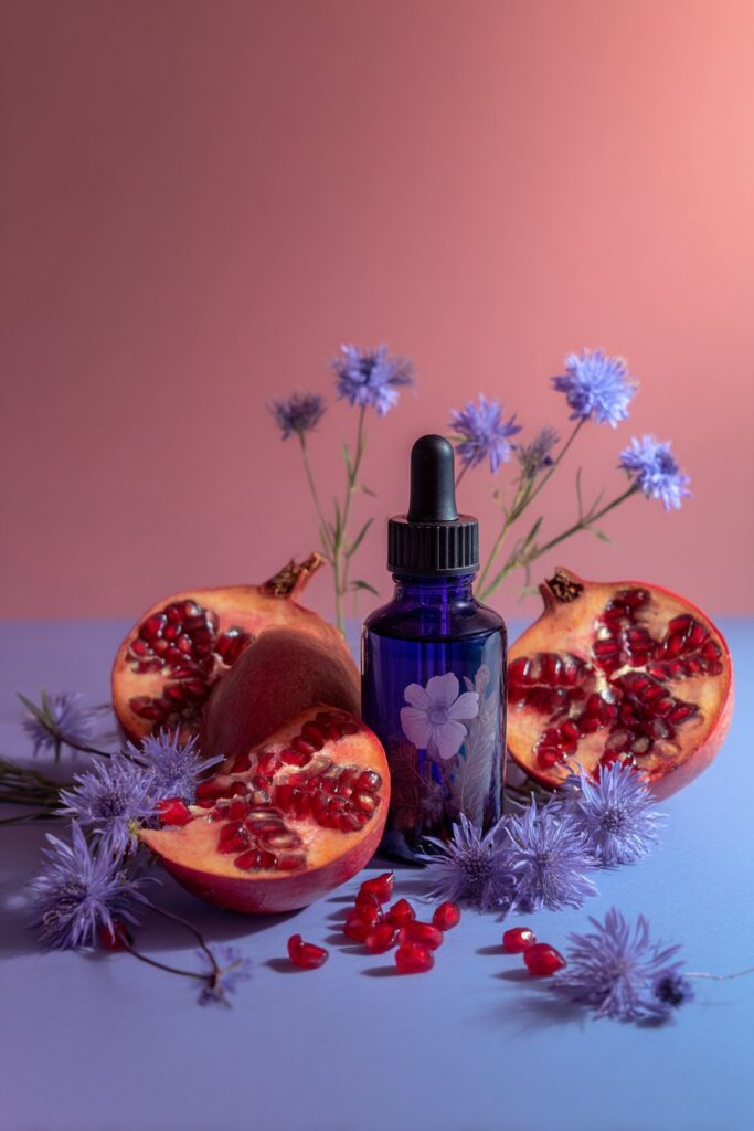 Dark blue dropper bottle containing youthful glow serum, surrounded by yarrow flowers and pomegranate halves on coral and lavender background.