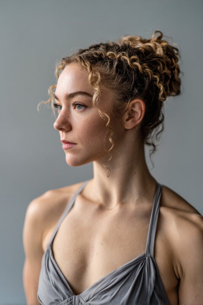 American woman with curly hair in braided ballet bun, strong dance pose, dancer's uniform, soft gray background.