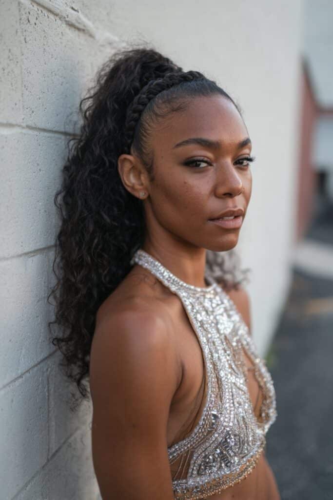American woman with curly hair in braided high ponytail, dance competition outfit, performance ready, urban brick background.