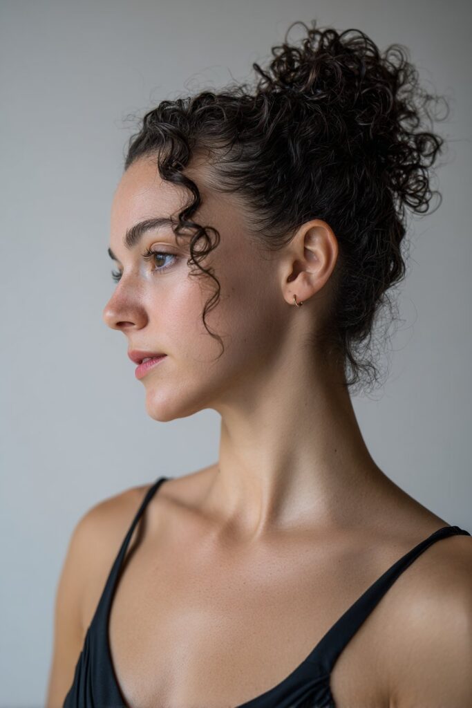 American woman with curly hair in classic ballet bun, elegant posture, stage makeup, dance competition attire, white backdrop.