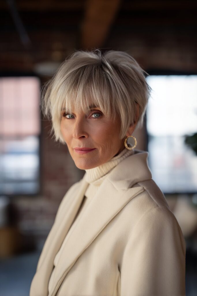 "Bright loft portrait of mature woman with classic soft-banged shag hairstyle in natural daylight."