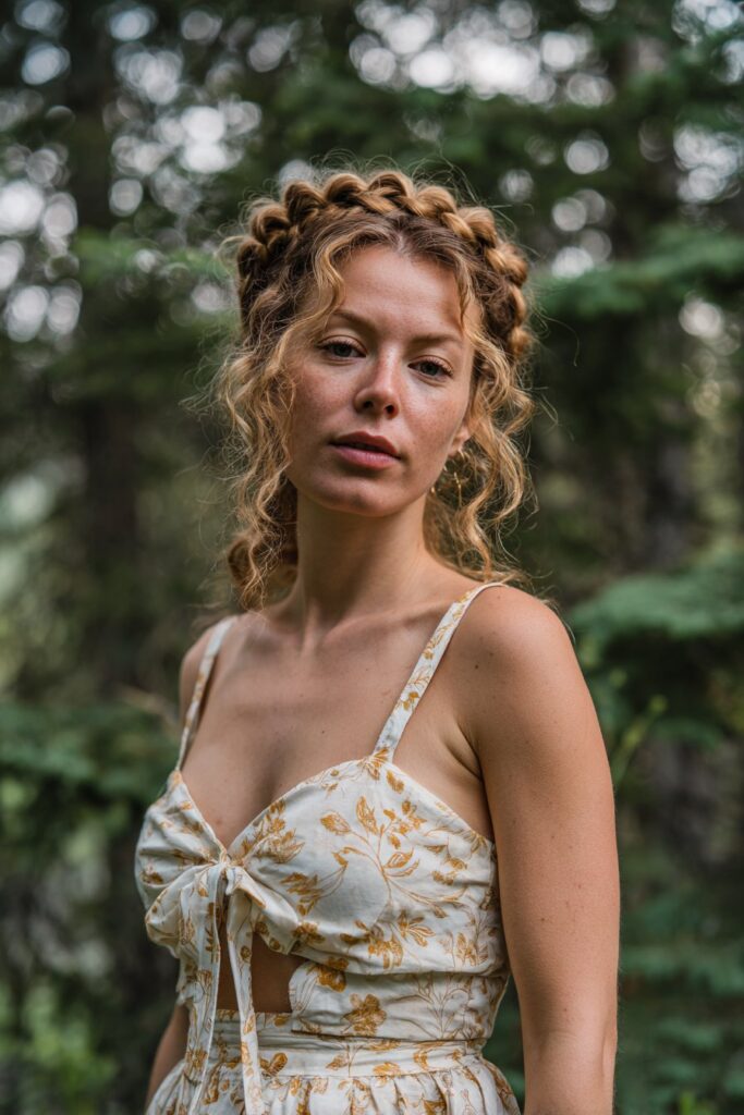 American woman with curly hair in crown braid, elegant lyrical dance costume, warm expression, natural forest backdrop.