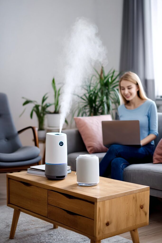 Stylish humidifier with visible mist in serene bedroom setting, maintaining skin hydration during sleep.