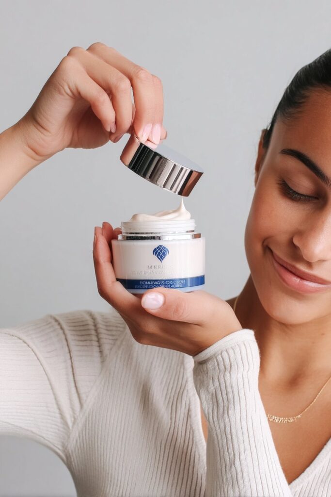 Close-up of elegant jar of hydrating night cream with fingertip application, showcasing rich texture on soft background.
