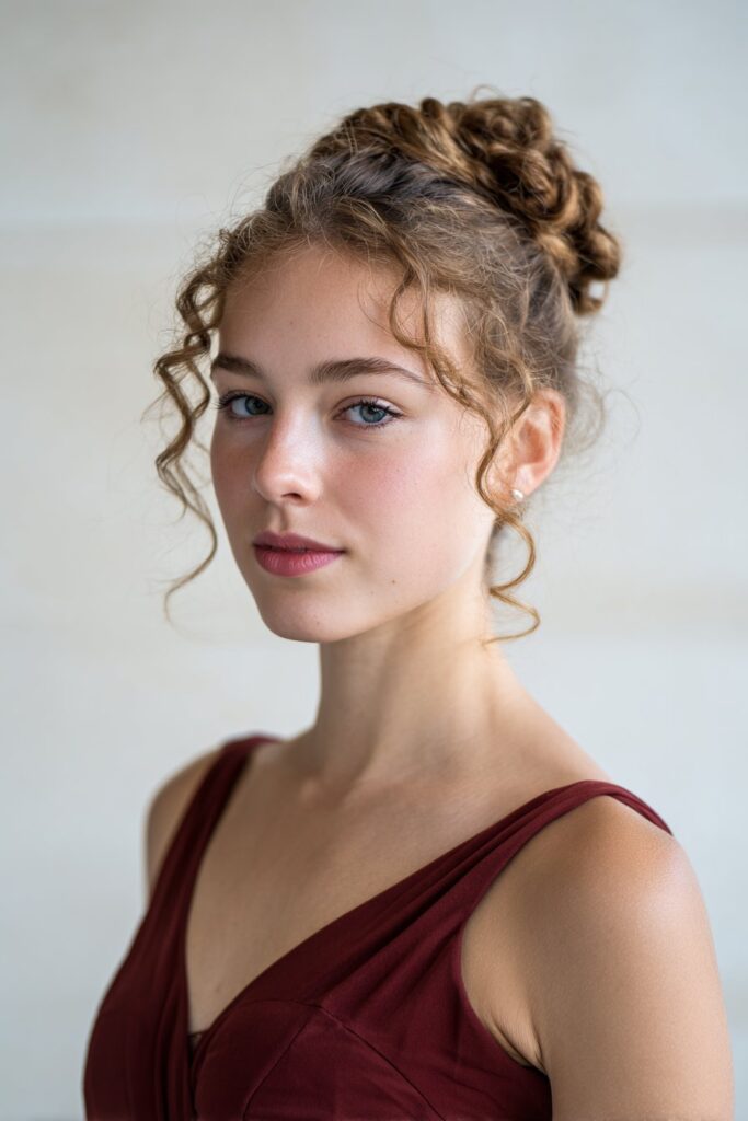 American woman with curly hair in low twisted bun, classic ballroom dance dress, elegant competition look, white backdrop.