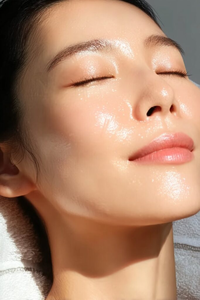 Person enjoying skincare ritual with visual elements highlighting texture, scent, and touch sensations that enhance wellbeing.