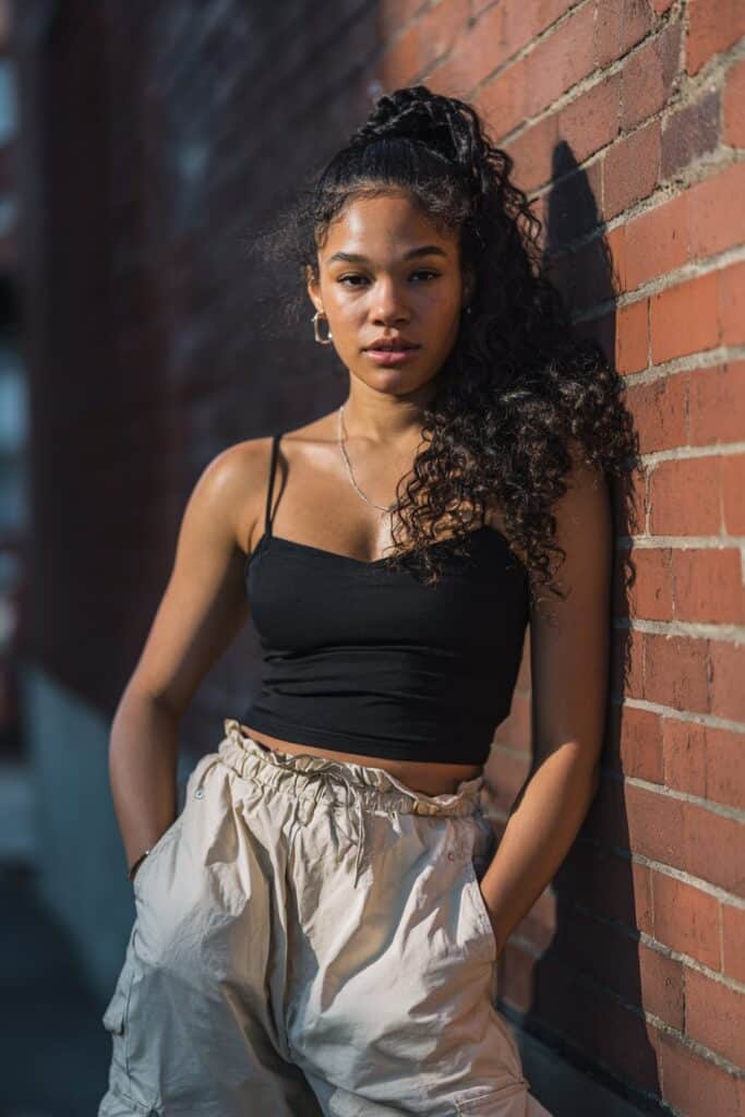American woman with curly hair in voluminous pull-through braid, jazz dance styling, powerful stance, urban brick background.