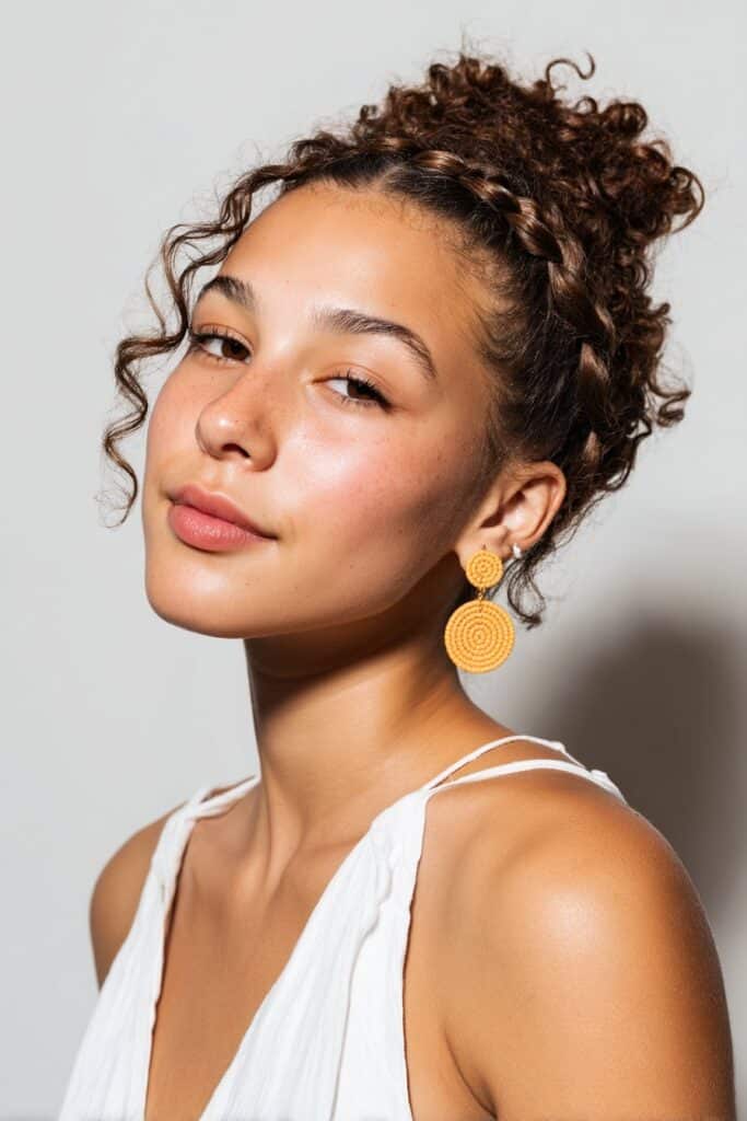Beautiful young American woman with curly hair in braided crown, wearing elegant summer earrings with peach makeup against white backdrop.