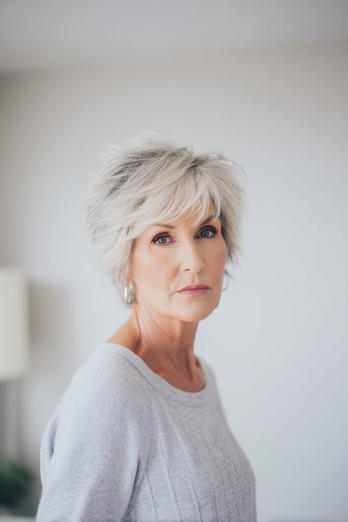 "Professional studio portrait of confident 50+ woman with salt and pepper shag hairstyle against clean white background."
