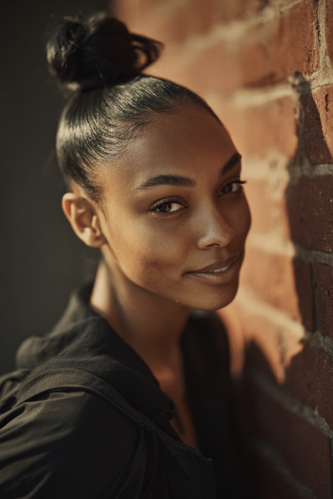 Woman with polished low bun and sleek edges hairstyle photographed against urban brick wall, subtle makeup and trendy look.