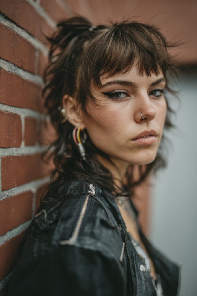 American female model with 80s razor-cut emo shag, textured flipped ends, graphic eyeliner, neon accessories, leather jacket.