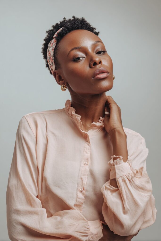 American female model with 4C hair pixie cut, Alice band accessory, elegant feminine vibe, soft pink blouse, white backdrop.