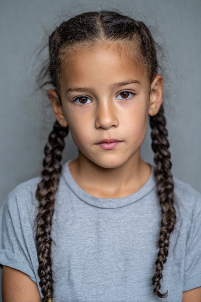 American child model with traditional all-back cornrows, clean lines, no accessories, neutral t-shirt against soft gray fabric backdrop.