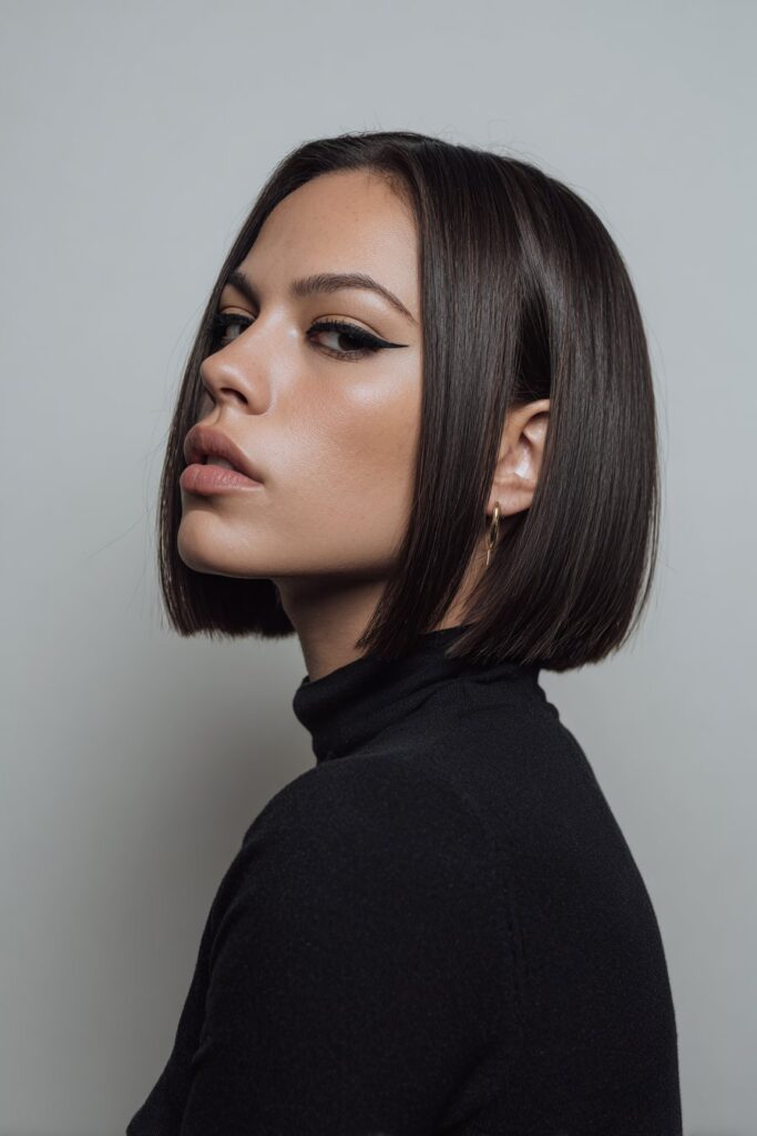 American female model with sharp asymmetrical bob haircut, bold eyeliner, wearing modern chic outfit against seamless white backdrop.