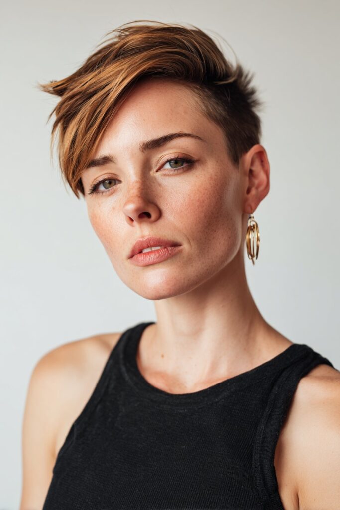 Fashion portrait of American woman with asymmetrical stacked pixie bob, sharp styling, bold makeup on white backdrop.