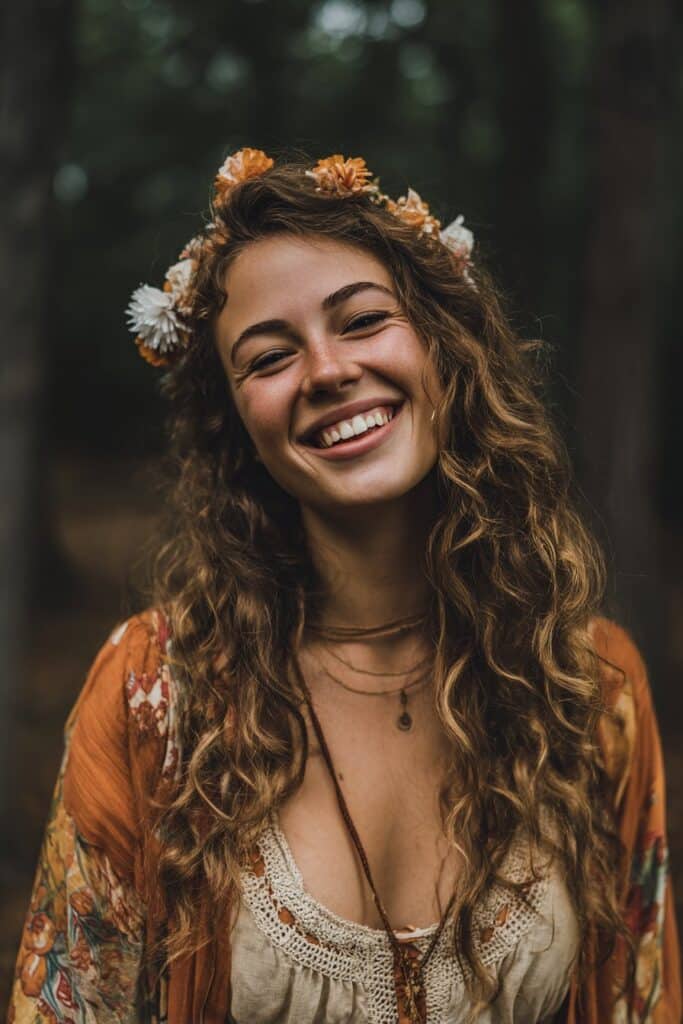 American woman with loose curls, handmade flower crown, radiant smile, boho concert look in forest setting.