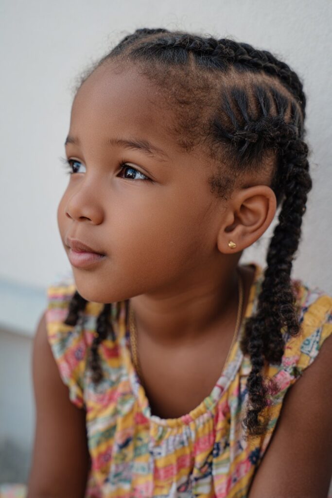 American child with intricate basketweave cornrow pattern, wearing colorful top, curious expression photographed against seamless white backdrop.