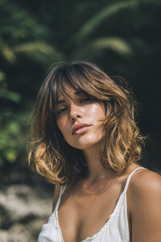 American woman with beachy butterfly haircut, long curtain bangs, tousled waves, sunkissed highlights, summer top, forest background.
