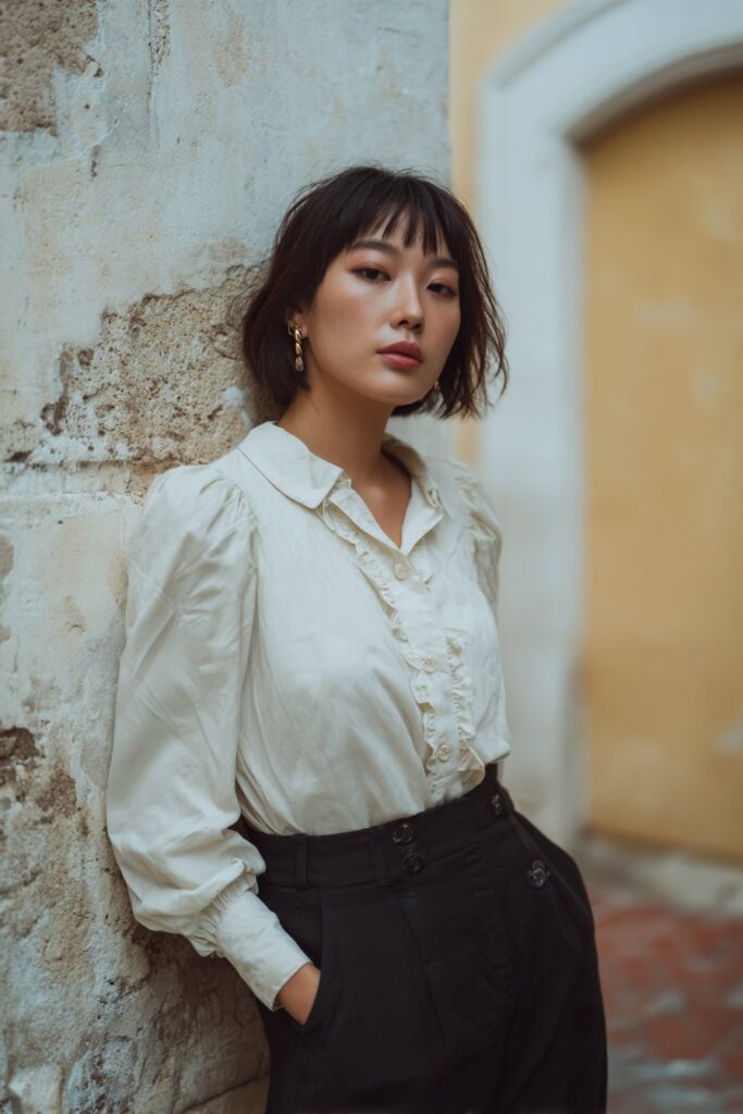 Portrait of fictional American influencer Belle Hathaway with round face and signature butterfly haircut styling.