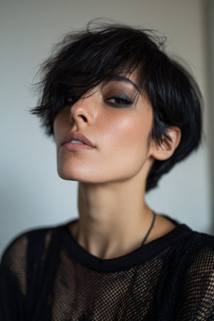 American female model with deep black layered shag haircut, feathered edges, smoky makeup, black mesh top, white backdrop.