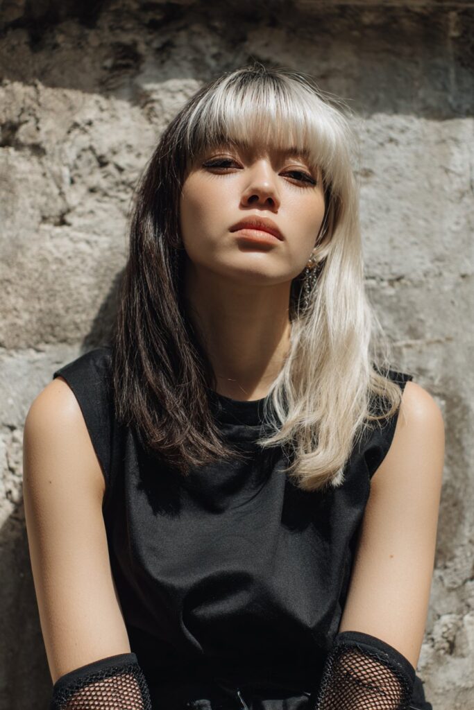 American female model with black shag and platinum blonde top layer, sharp layers, mesh gloves, moody expression, textured backdrop.
