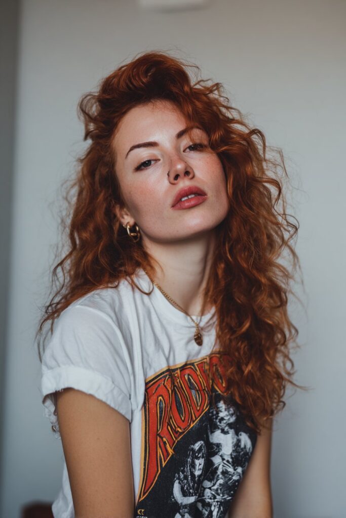 American woman with retro red voluminous rocker hair, classic makeup and vintage band tee against clean white backdrop