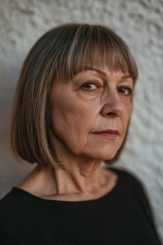 Bold older American woman with chin-length straight hair, blunt bangs, dramatic flair, high contrast look, textured plaster background.