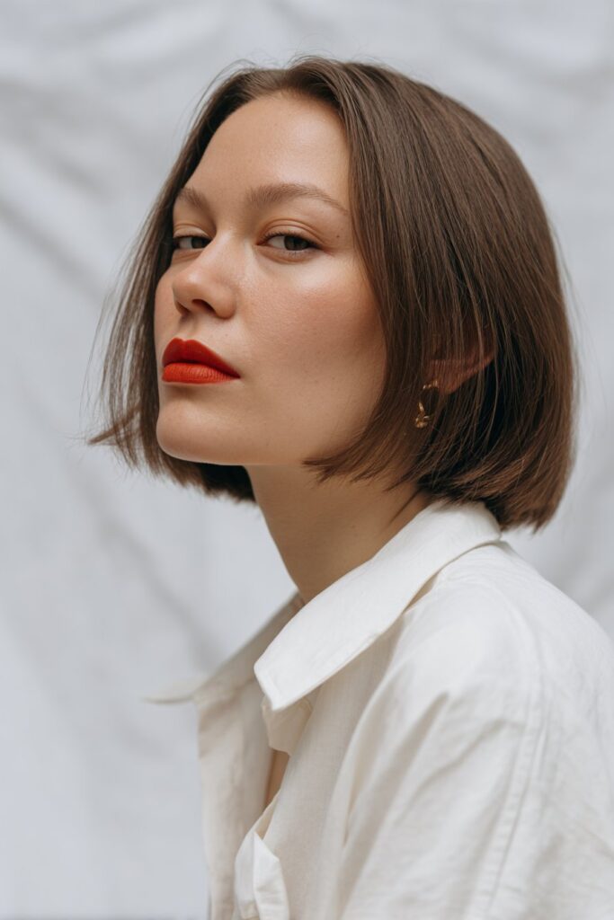 American female model with super short blunt micro bob, sharp clean lines, bold lipstick, minimalist outfit, white backdrop.