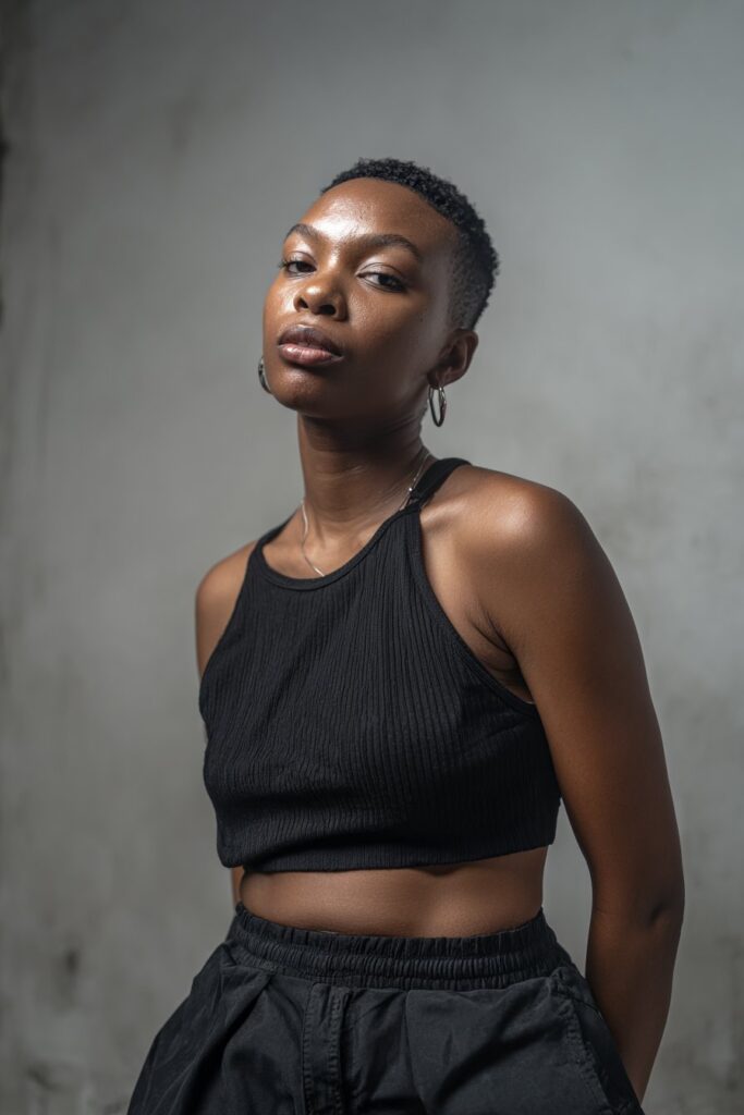 Confident American woman with 4C hair in bold jet black pixie cut, minimal makeup, empowering expression, monochrome outfit.