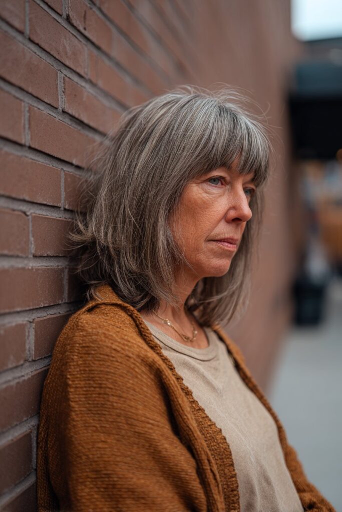 Fashionable older American woman with layered shoulder-length hair, modern bottleneck bangs, relaxed pose, urban brick wall backdrop.