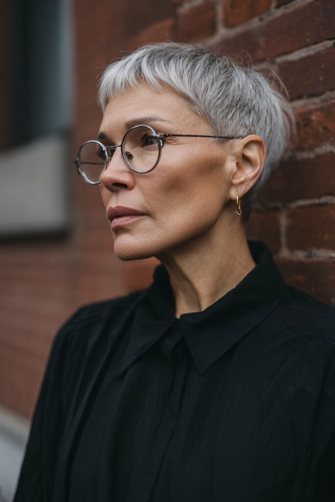 Bold older American woman with sleek short hair, defined bowl-cut bangs, minimalist styling, statement glasses, brick wall background.